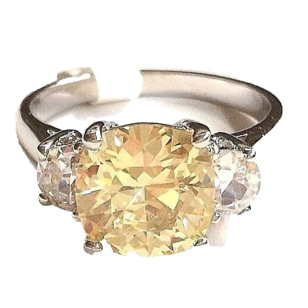 Vtg Silver Plated Yellow Cubic Zirconia Cocktail Ring Size 10 Simulated Citrine